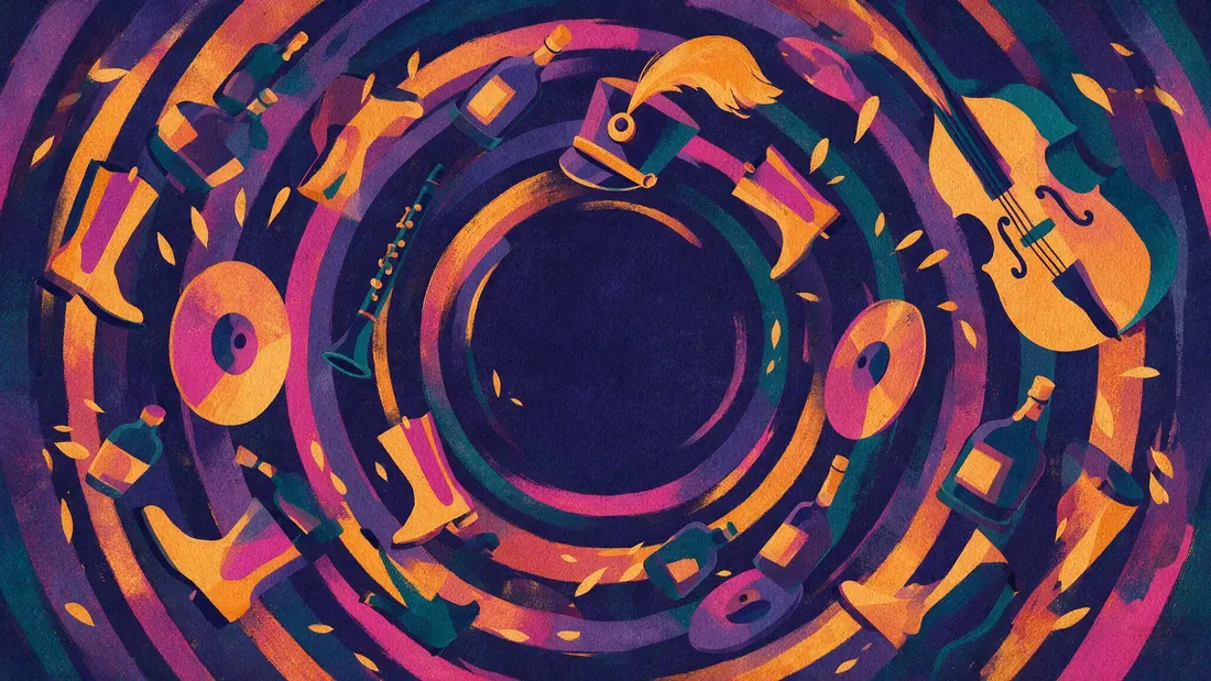 Instruments and objects circling in concentric rings in strong colours