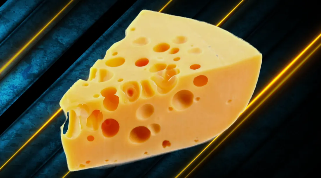 A photorealistic wedge of cheese against a blue and yellow striped background