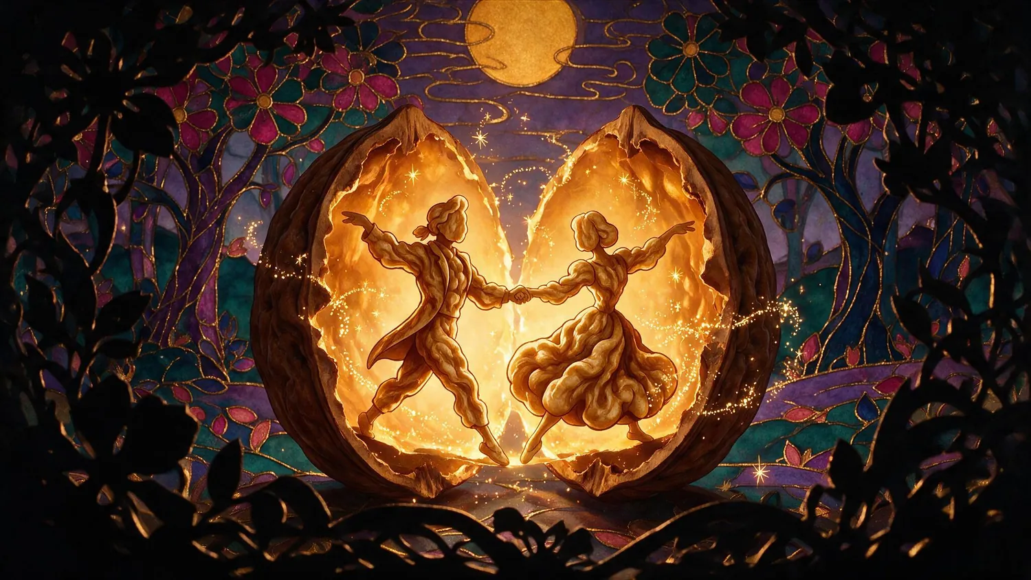 A dancing couple inside an opening walnut shell, lit by fire