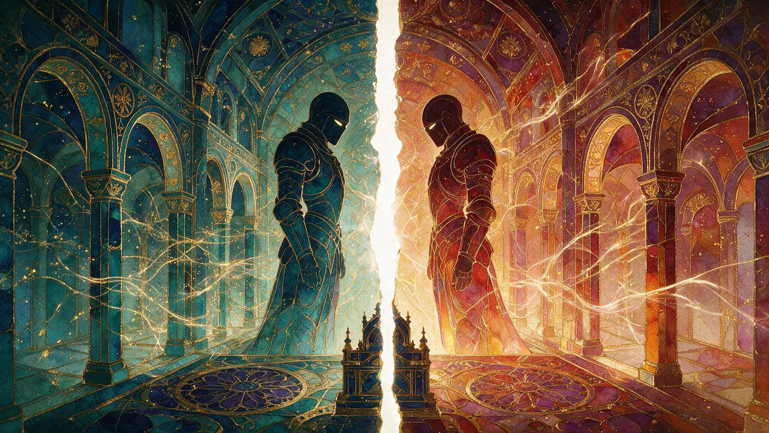 The split space: two armoured figures on either side of the rift