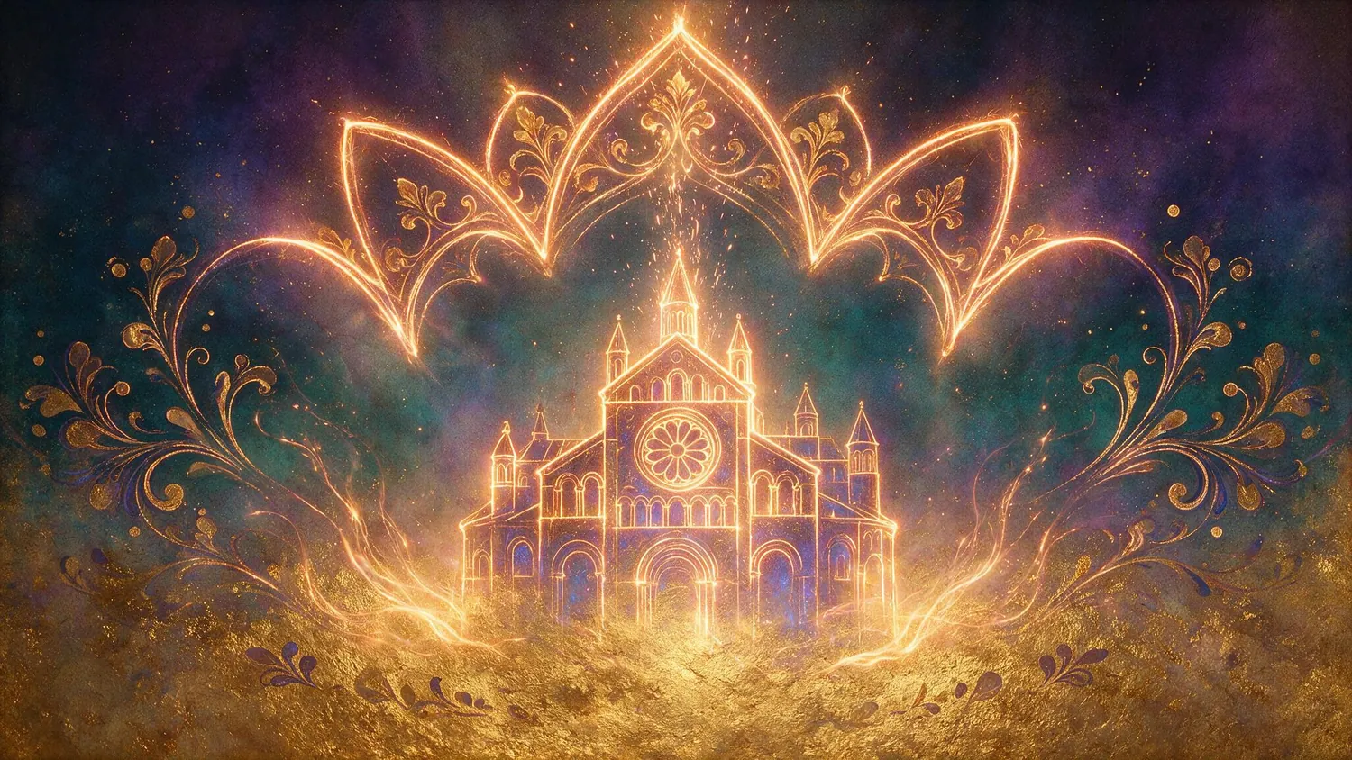 A crown of light above the basilica against a golden ground
