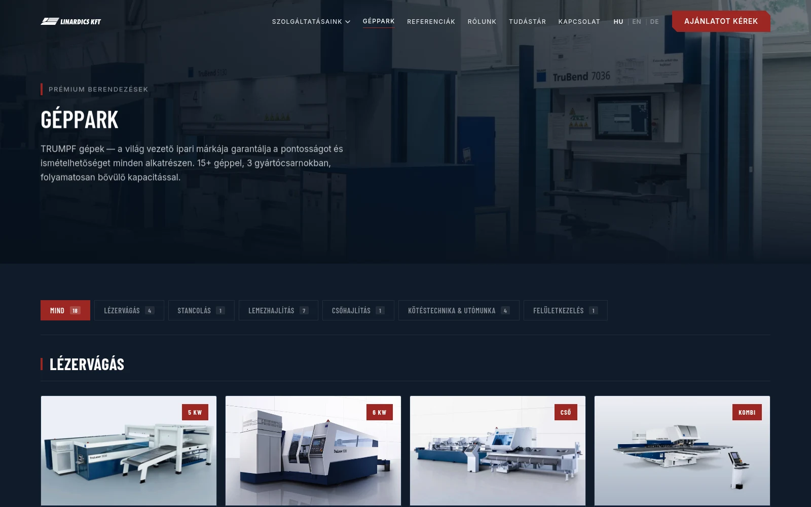 The new machinery page: filter by technology, machine cards with photos and technical data