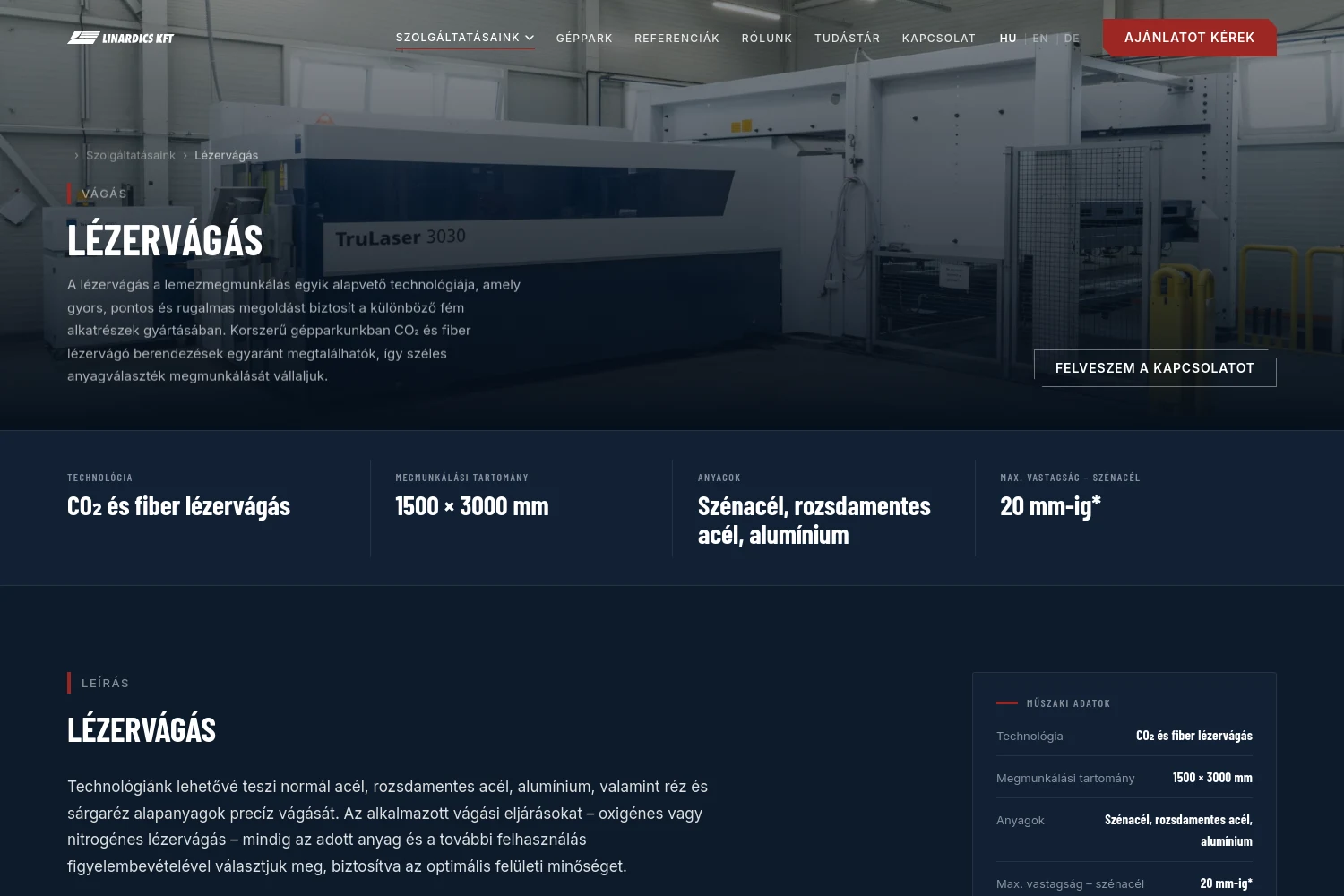 The laser cutting service page with technical parameters