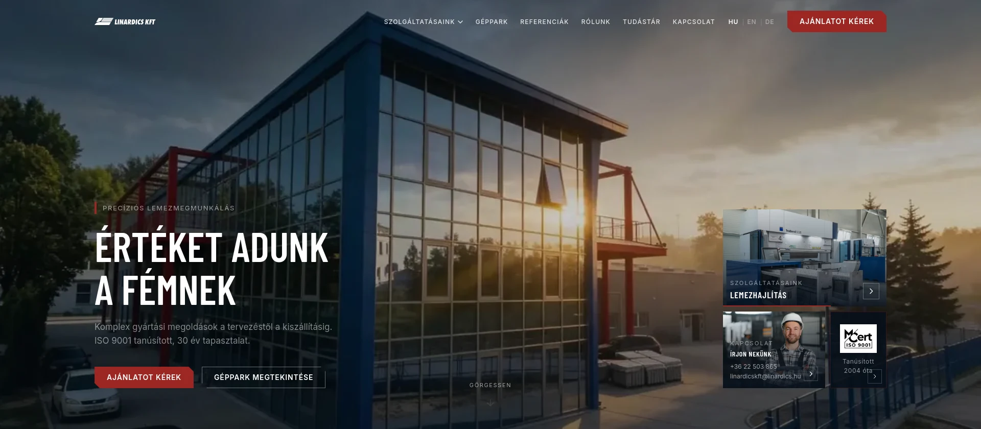 The new home page: a photo of the actual plant, the quote request in the header, and the service and contact cards beside it